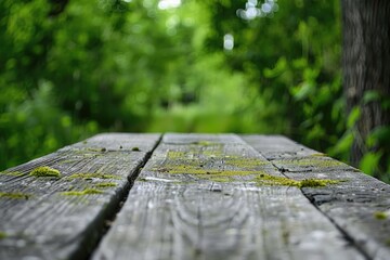Fototapeta premium A wooden table with lush green moss growing on its surface, ideal for nature-inspired designs