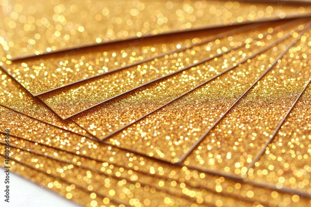 Poster close-up shot of shiny gold glitter paper with intricate design, suitable for decorative purposes or