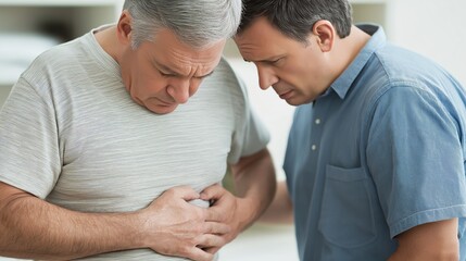 Obraz premium Elderly man experiencing discomfort, receiving support and empathy from a concerned family member, symbolizing health issues and care, Generative AI