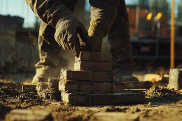 A construction worker stacking bricks on site
