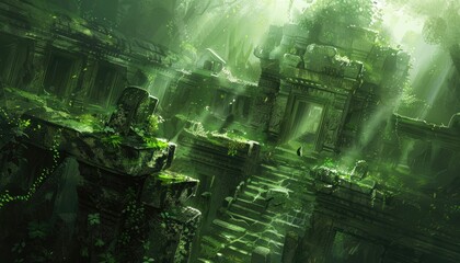 Overgrown Ancient Temple Ruins in Lush Green Jungle