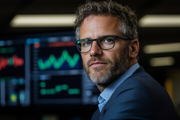 Fototapeta premium A businessman in contemporary high rise office, focused on financial data displayed on screens, exuding confidence and determination