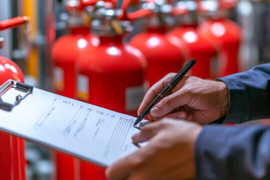 Engineer inspects safety equipment  fire extinguishers and sprayers with clipboard in close up