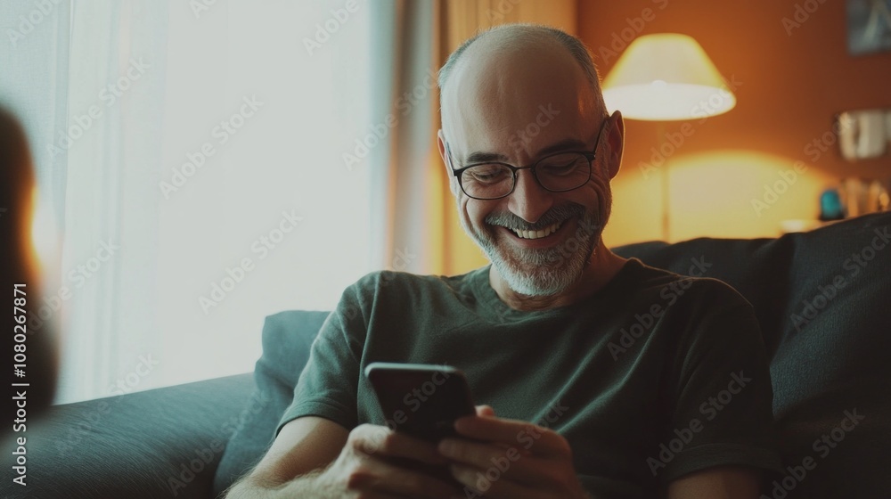 Poster a man is sitting on a couch and smiling while looking at his cell phone