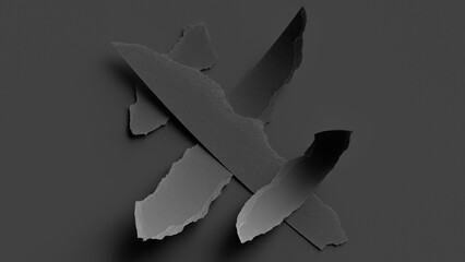 3d render, abstract minimalist black background. Ripped paper pieces macro. Dramatic wallpaper