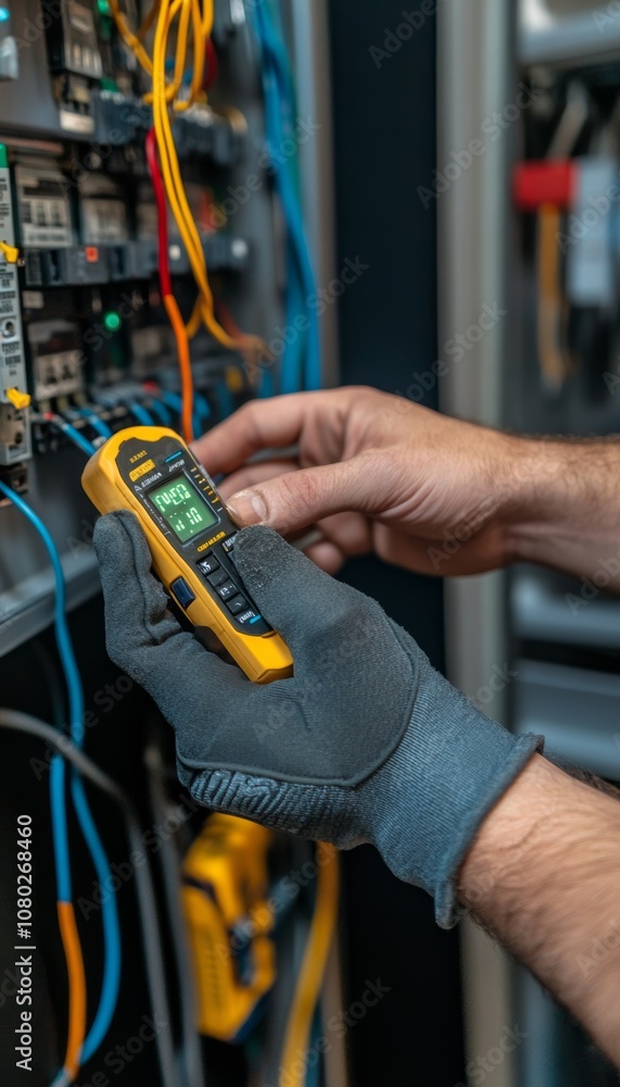 Poster electrician s hand using multimeter to inspect electrical panel with wires and controls visible