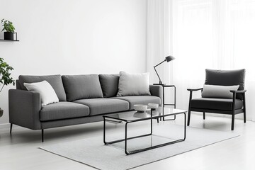 Stylish scandinavian living room featuring grey sofa, black armchair, and glass coffee table