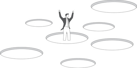 Scared businessman, nerd, student with glasses falling down fell into a hole, pitfall, screaming and shouting, hand raised