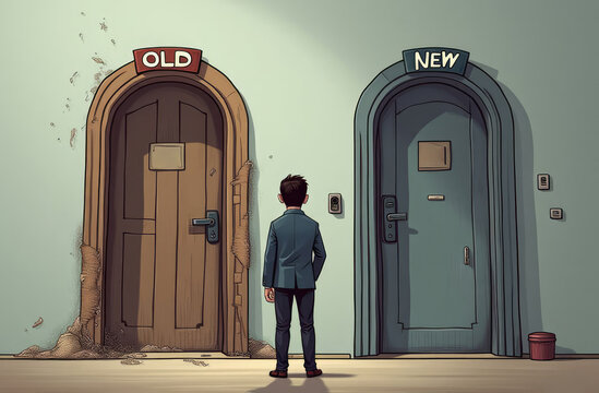 choices and consequences: man facing two doors - decision making and future strategy. Old vs new. man choosing between dusty wooden door and new futuristic automatic one, cartoon illustration