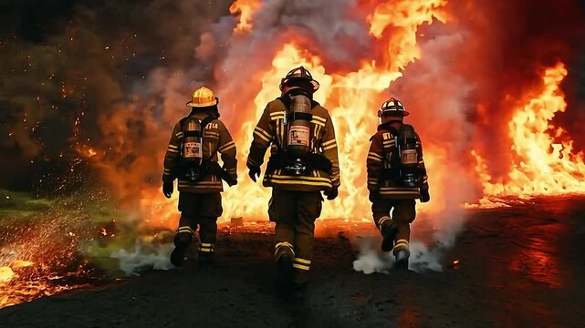 Back view of three firefighter against a raging fire on background