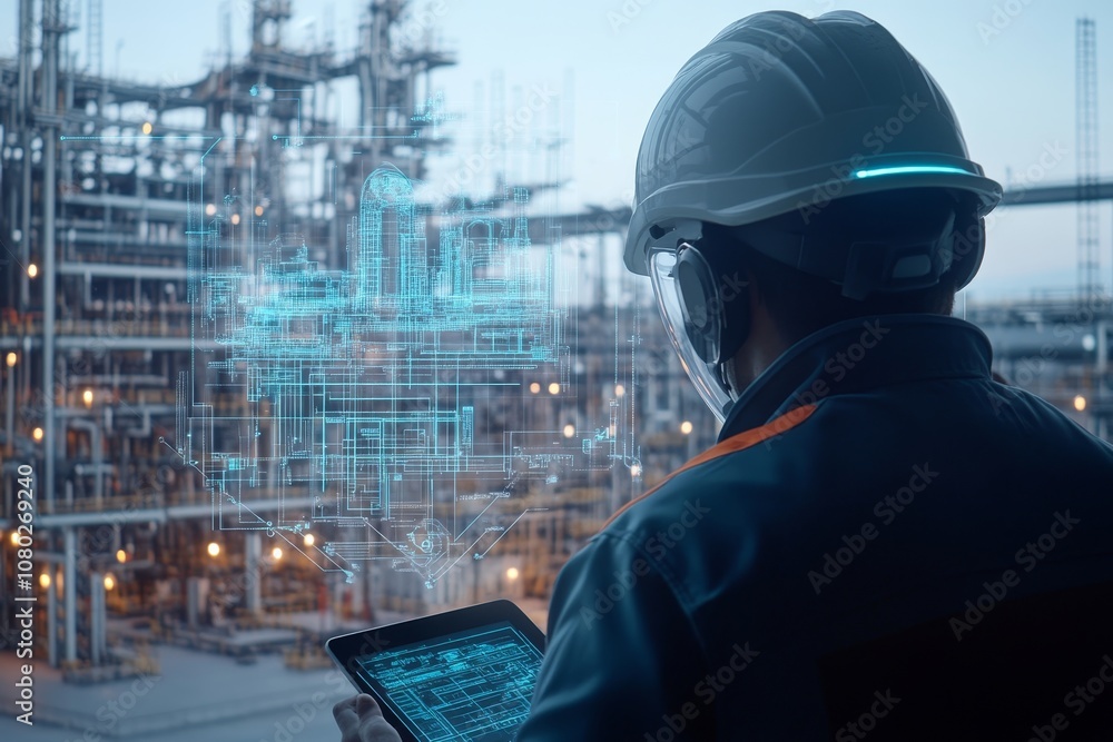 Poster engineer with helmet and tablet overseeing digital twin hologram on factory floor with blueprints