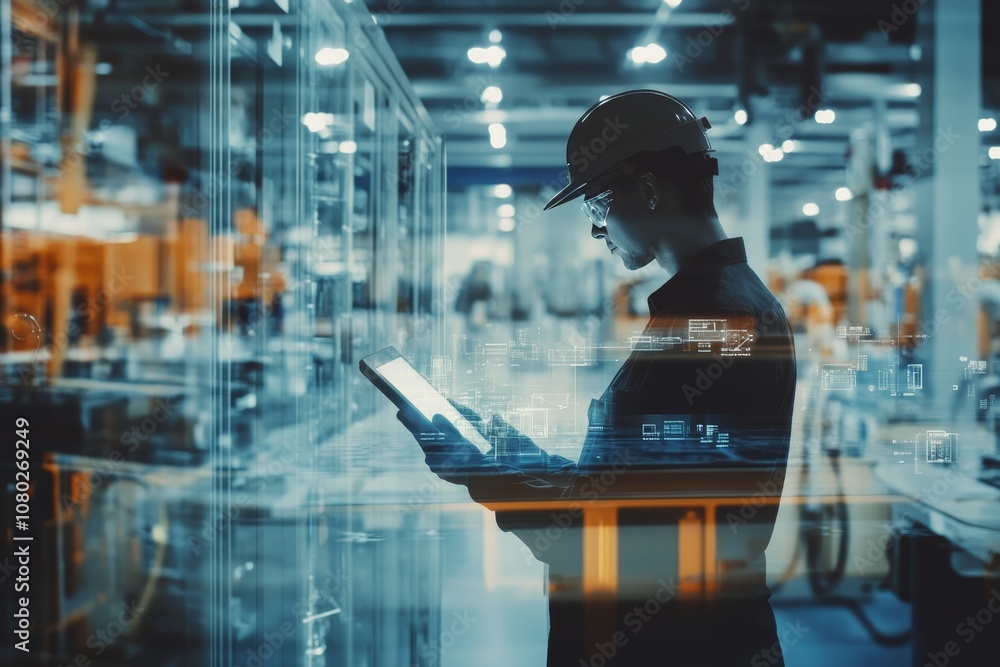 Poster engineer utilizing tablet in production hall for industrial data collection and digital twin tech