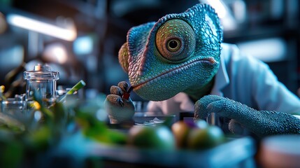 A chameleon in a lab coat works meticulously, surrounded by jars and plants, embodying the theme of curiosity, science, and experimentation in a fictional setting.