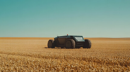 Obraz premium A futuristic autonomous farm vehicle plowing a vast wheat field under a clear sky.