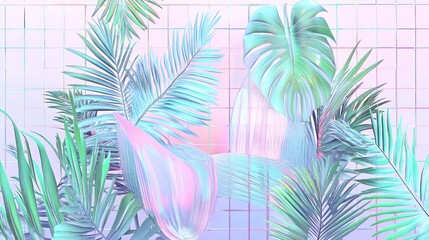 A vibrant, pastel-colored arrangement of tropical leaves against a soft grid background.