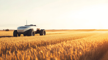 Fototapeta premium A futuristic autonomous farm vehicle plowing a vast wheat field under a clear sky.