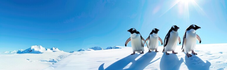 Fototapeta premium Four Penguins Walking on Snowy Landscape