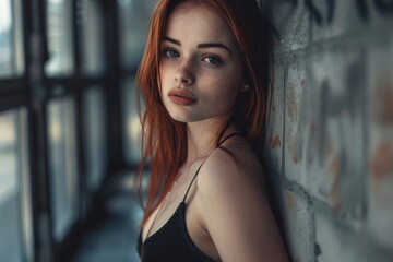Obraz premium A woman with bright red hair is leaning against a wall, possibly lost in thought