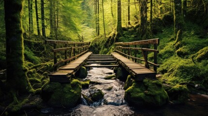 Wooden Bridge in a Lush Forest