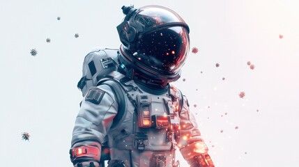 astronaut floating gracefully in zero gravity against a pristine white background. The astronaut's suit is adorned with luminous symbols representing