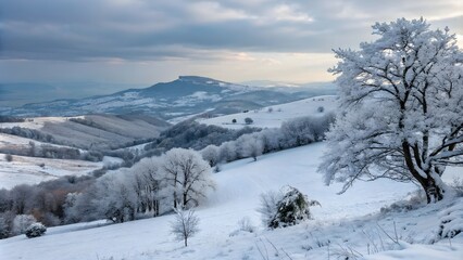 Snowy Winter Landscape in Crimea, Serene Snow-Covered Scenery in Crimea
