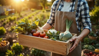 Agriculturist holding a wooden box of freshly harvested vegetables and fresh seasonal greens from the garden against a golden sun light