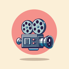 Movie Camera With Film Roll Reel Vector Icon Illustration. Movie Cinema Icon Concept Isolated Premium Vector. Flat Cartoon Style