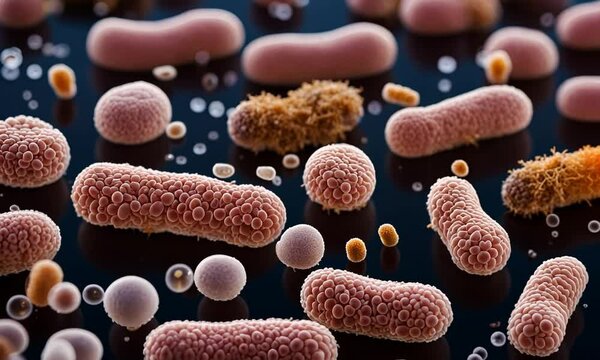 Close-up of pink bacteria on a black surface.