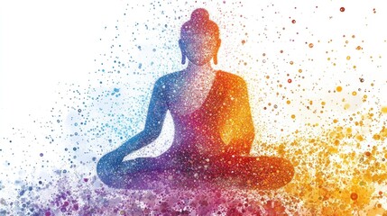 Obraz premium Buddha, portrayed with a network of glowing lines and dots that connect to form the figure, set on a pure white background.