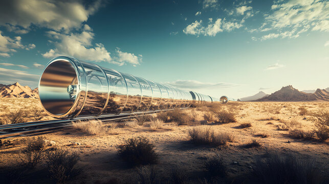 A futuristic hyperloop pod zipping through a transparent tube in a desert landscape.