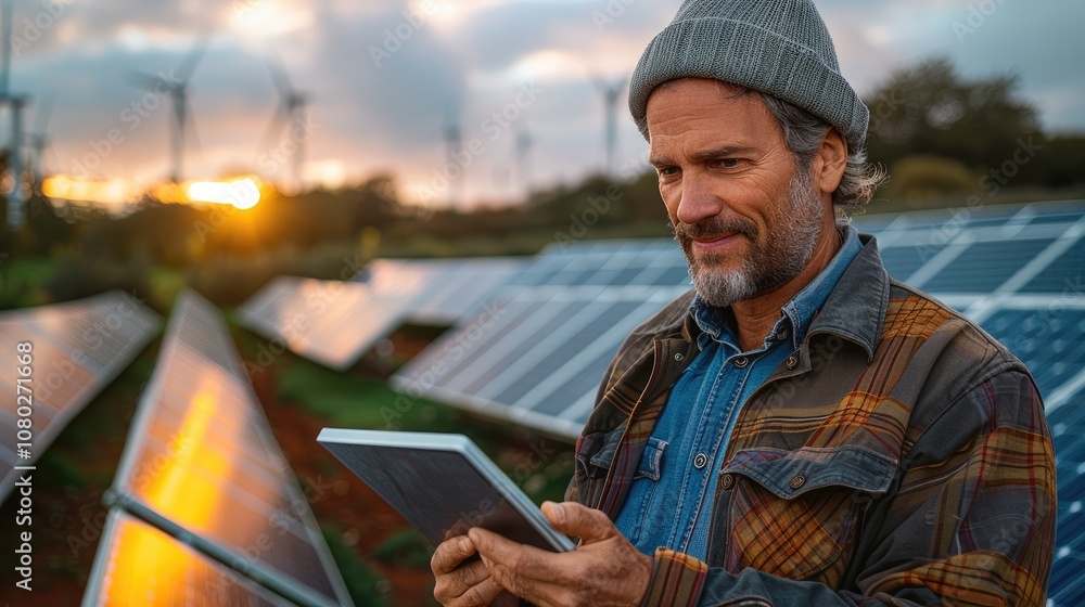 Poster Middle-aged man is focused on examining a tablet in his hands, backdrop is an impressive array of solar panels with wind turbines in the far distance, indicating a focus on renewable energy.