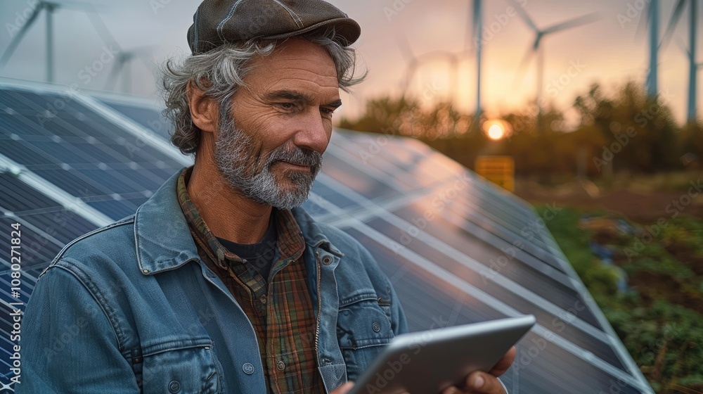 Poster Middle-aged man is focused on examining a tablet in his hands, backdrop is an impressive array of solar panels with wind turbines in the far distance, indicating a focus on renewable energy.