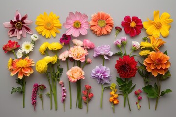 Vibrant flowers arranged on a neutral gray background