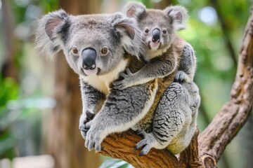 Obraz premium Koala Mother and Baby on a Tree Branch