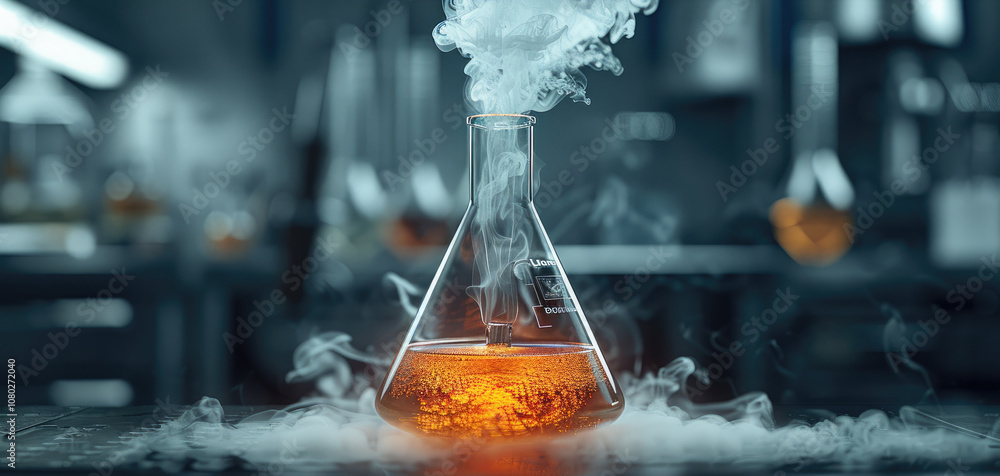 Poster A chemistry flask with bubbling liquid and smoke, set in a laboratory environment with a dark background.