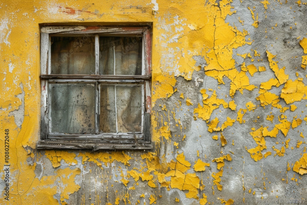 Poster a worn-out building facade with flaking paint, ideal for use in urban or historical settings