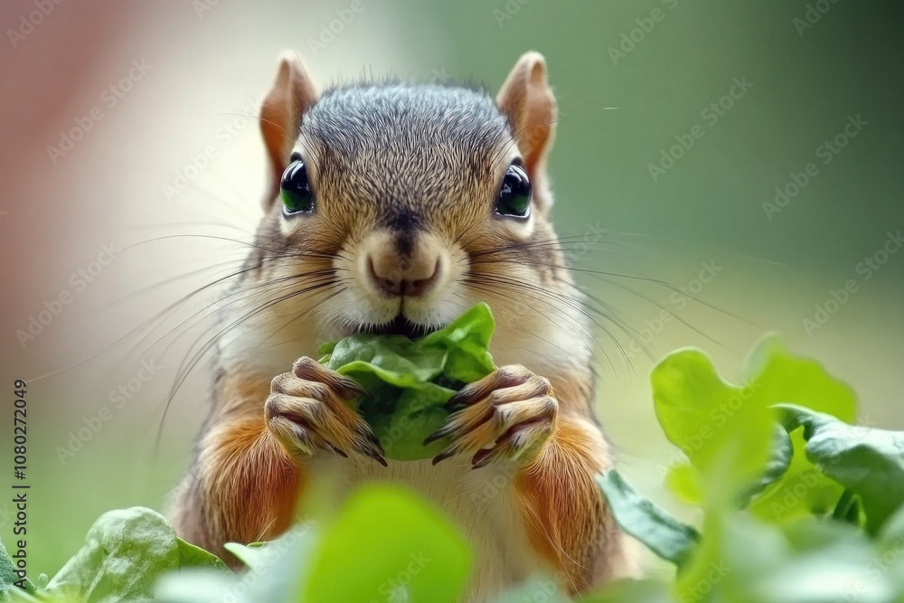Poster a close-up shot of a squirrel munching on a leaf, highlighting its busy nature and connection with n