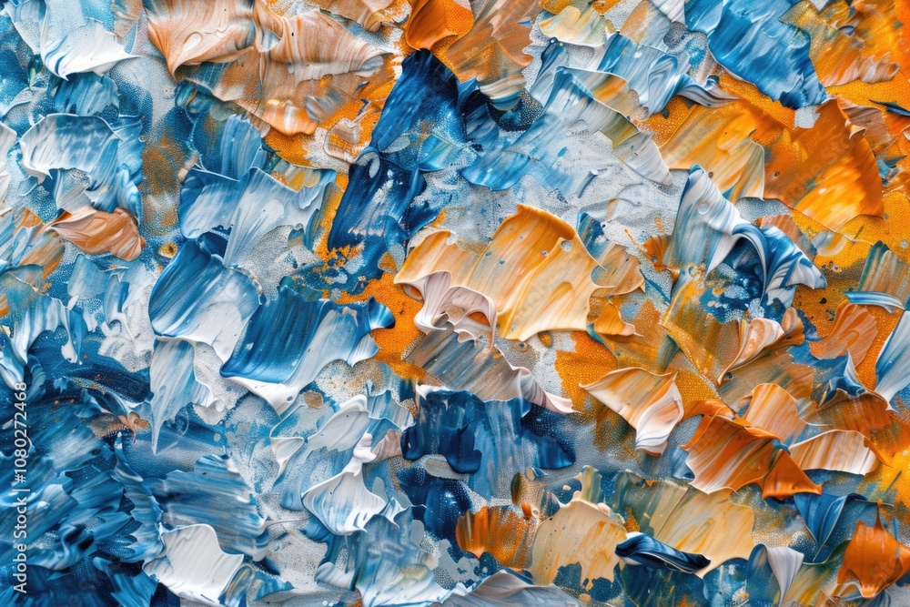 Poster a detailed view of an abstract artwork featuring blues and oranges, great for showcasing artistic cr