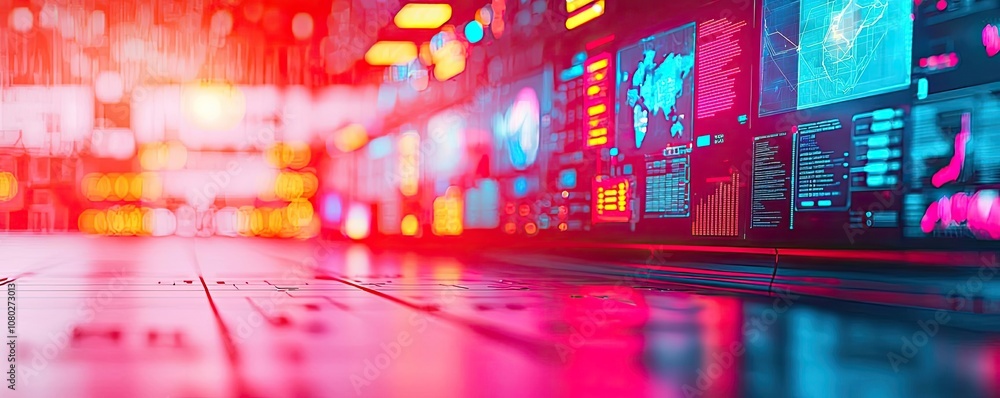 Poster Futuristic digital interface with multicolor displays and glowing graphics