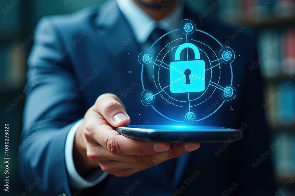 Poster professional man holding smartphone with secure network connection icon, emphasizing data protection