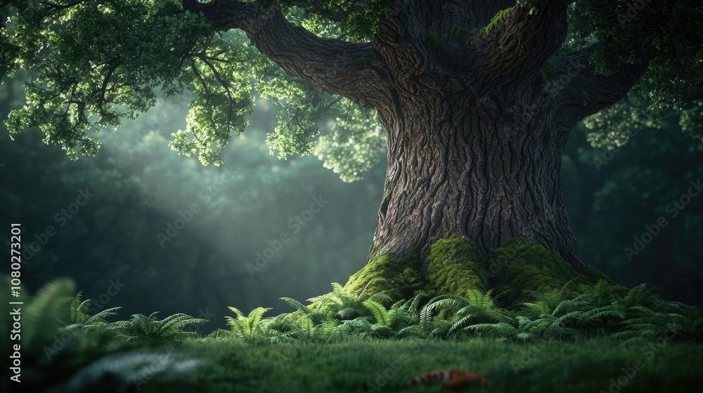 Aufkleber ancient tree with lush green foliage in a serene forest setting, sunlight filtering through.