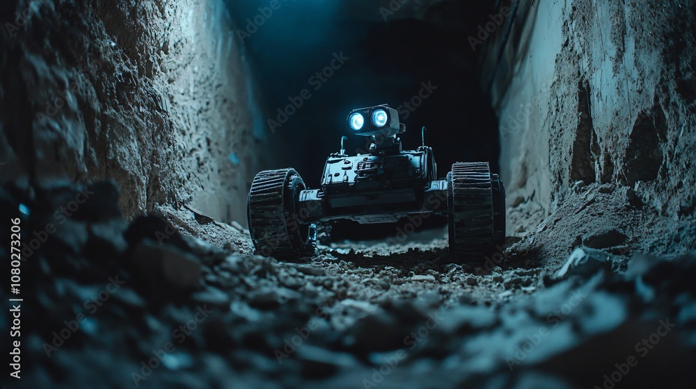 Poster small search and rescue robot navigating through a dark tunnel with headlights on. robotic technolog