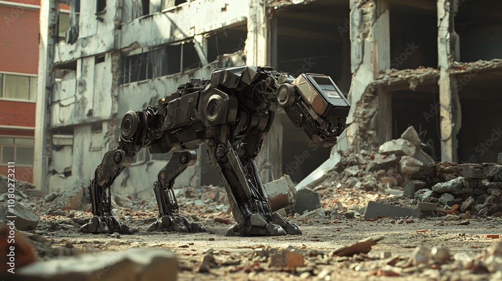 Poster robotic animal resembling a dog standing amidst rubble in a destroyed urban area. high-tech machine 