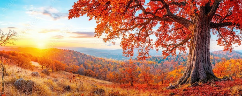 Poster autumn landscape with colorful trees and a vibrant sunset in a serene setting.