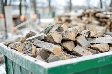 A stack of wood inside a green storage bin