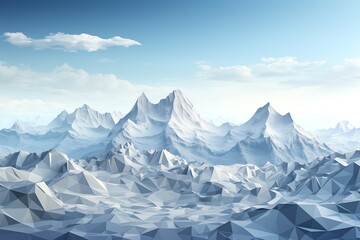 A low-poly, geometric, white, snowy mountain range against a light blue sky.