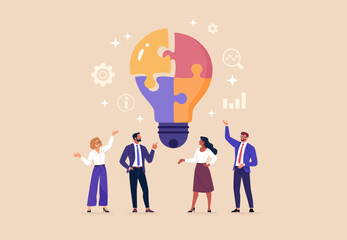 Business Discussion Concept. Contemporary flat style vector illustration of diverse standing people in business suits discussing an idea in the form of light bulb made of puzzle pieces. 