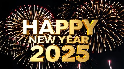 Fireworks forming golden shiny Happy New Year 2025 lettering animation. Animated text with sparkling effects. Greeting inscription