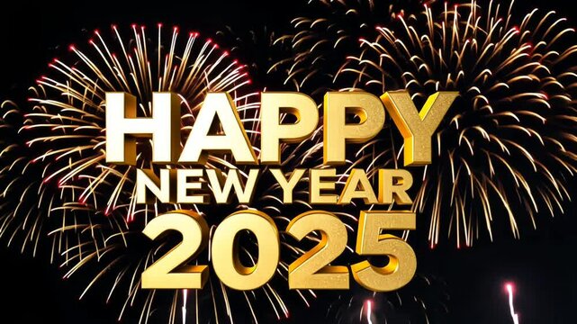 Fireworks forming golden shiny Happy New Year 2025 lettering animation. Animated text with sparkling effects. Greeting inscription
