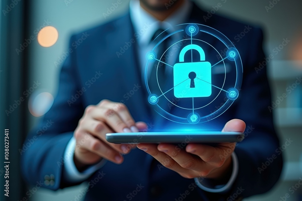 Poster professional man in business suit using tablet with secure data concept, perfect for cybersecurity a